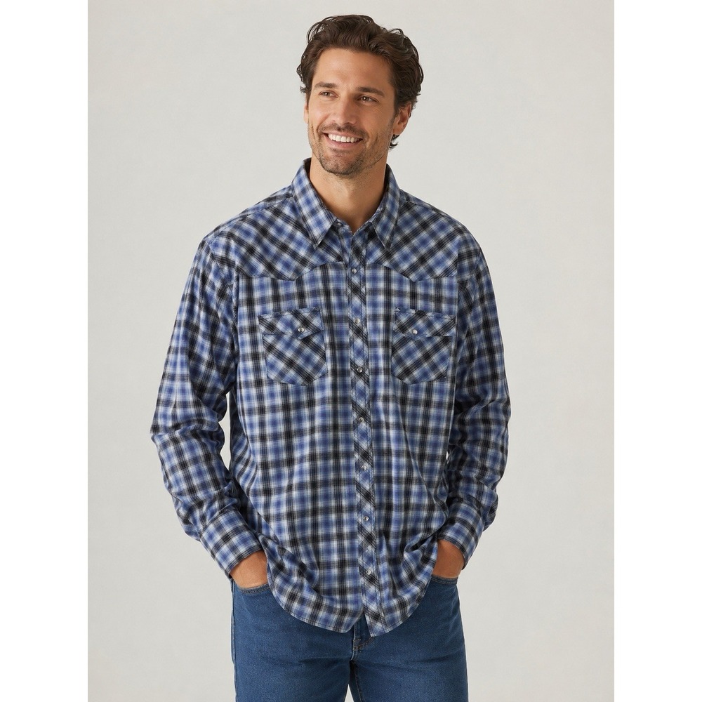 Wrangler Wrancher Mens 2XLT Tall Pearl Snap Western Shirt Plaid Blue Black L/S - Picture 1 of 9